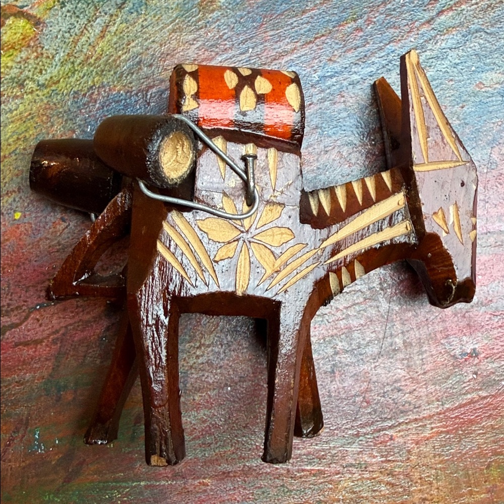 Handcrafted Wooden Donkey with Barrels Fork Art Figurine Vintage Decor Small - Picture 3 of 10